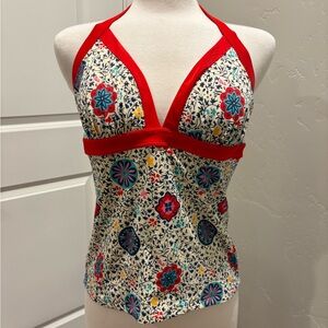 Boden Floral Halter Bathing Suit Top Tankini Top with Red Trim Size Large